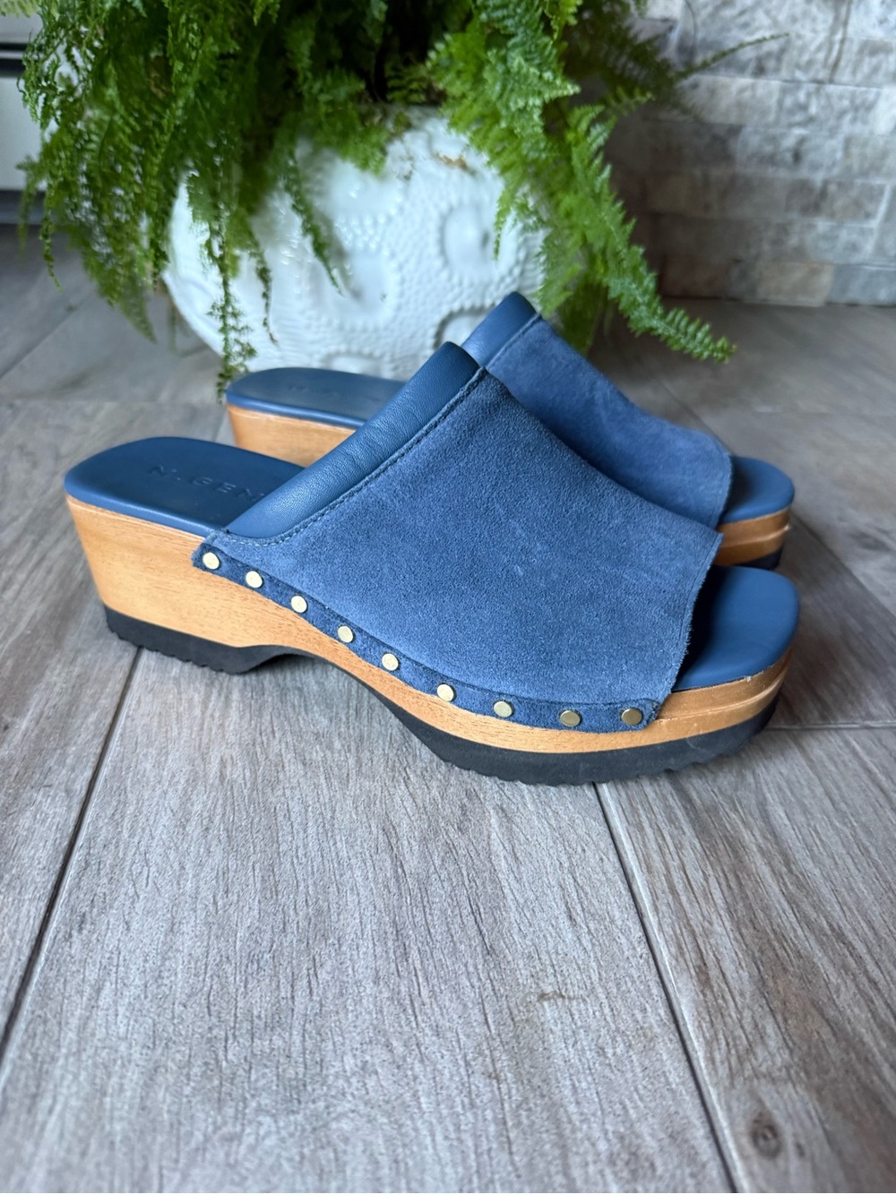 M Gemi The Greta Blue Suede Slide Sandals women